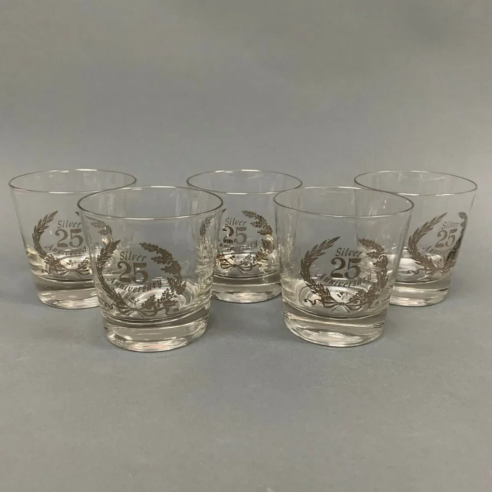 25th Silver Anniversary Old Fashion Clear Glasses Platinum 3 5/8